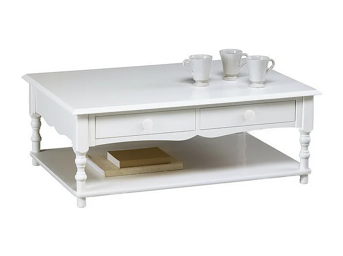 Table Basse 2 Tiroirs Blanche Style Anglais 1 Niche L 100 H 38 P 70 cm