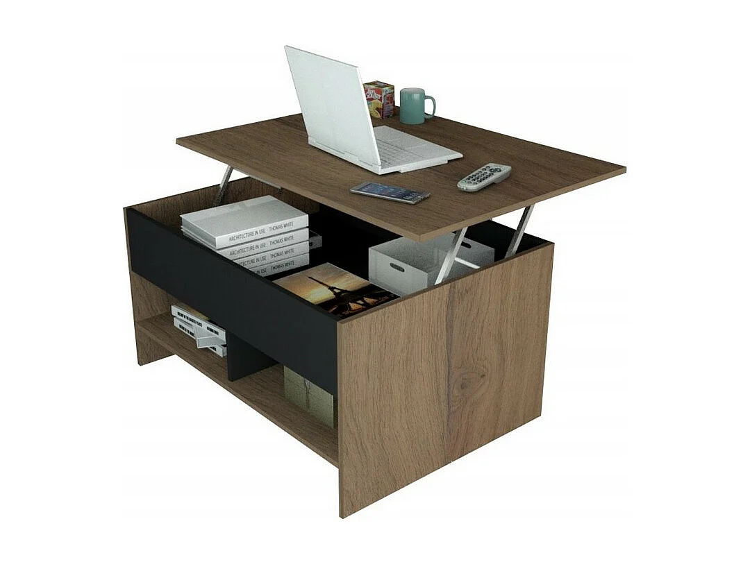 Table Basse Relevable 90 cm Châtaignier et Noir L 90 H 49.5 P 67 cm