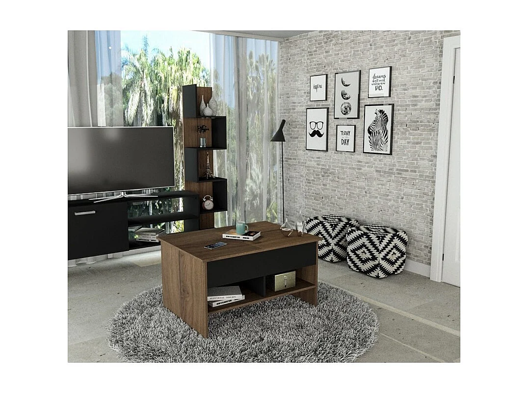 Table Basse Relevable 90 cm Châtaignier et Noir L 90 H 49.5 P 67 cm