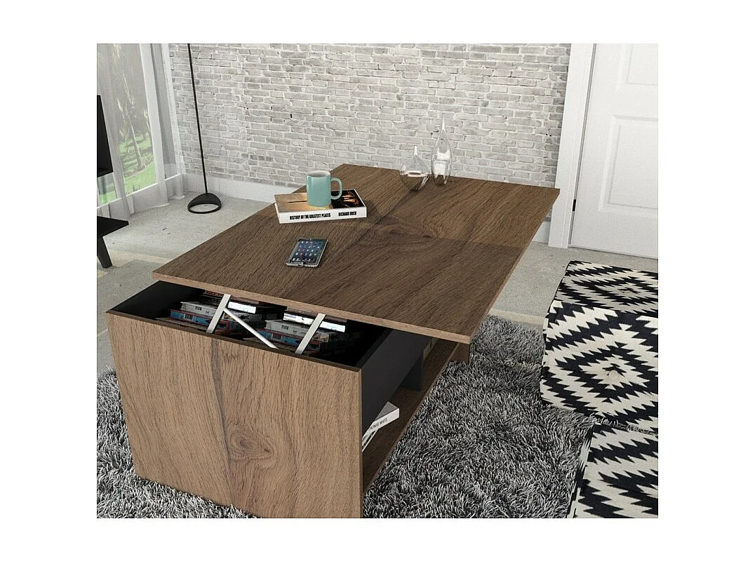 Table Basse Relevable 90 cm Châtaignier et Noir L 90 H 49.5 P 67 cm