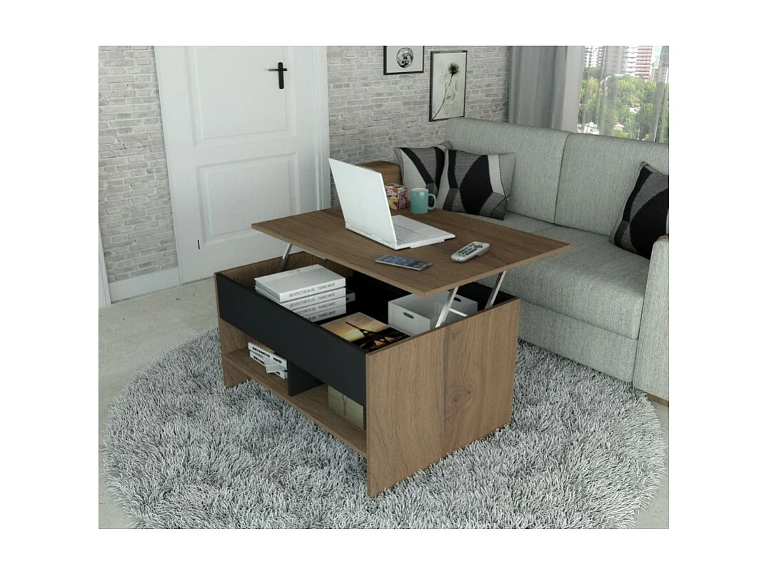 Table Basse Relevable 90 cm Châtaignier et Noir L 90 H 49.5 P 67 cm