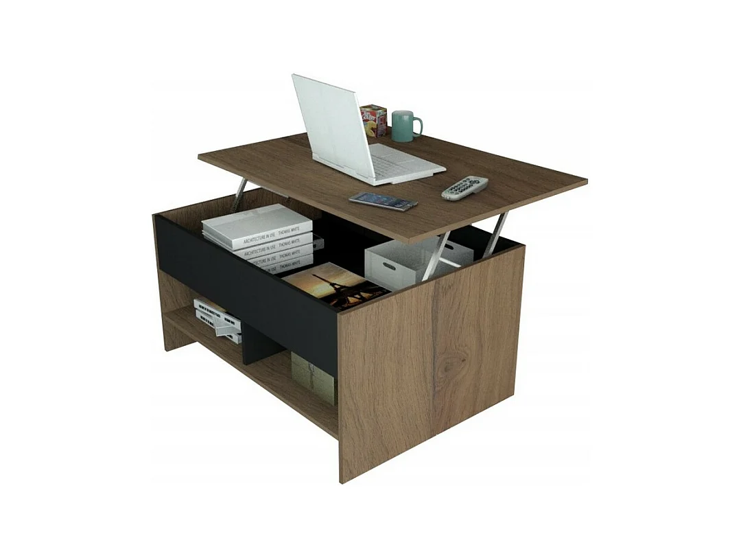 Table Basse Relevable 90 cm Châtaignier et Noir L 90 H 49.5 P 67 cm