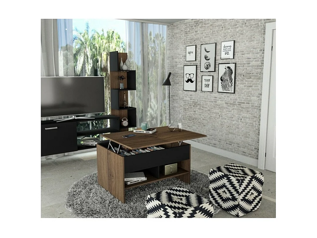 Table Basse Relevable 90 cm Châtaignier et Noir L 90 H 49.5 P 67 cm