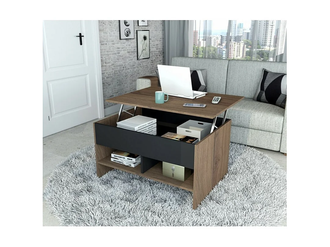 Table Basse Relevable 90 cm Châtaignier et Noir L 90 H 49.5 P 67 cm