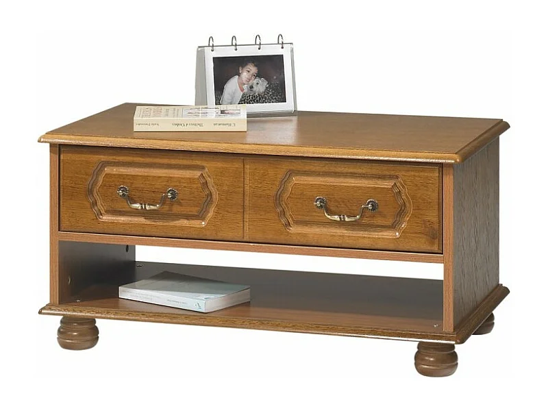 Table Basse Chêne Rustique Rectangle 2 Tiroirs 1 Niche L 82.4 H 42 P 46.5 cm