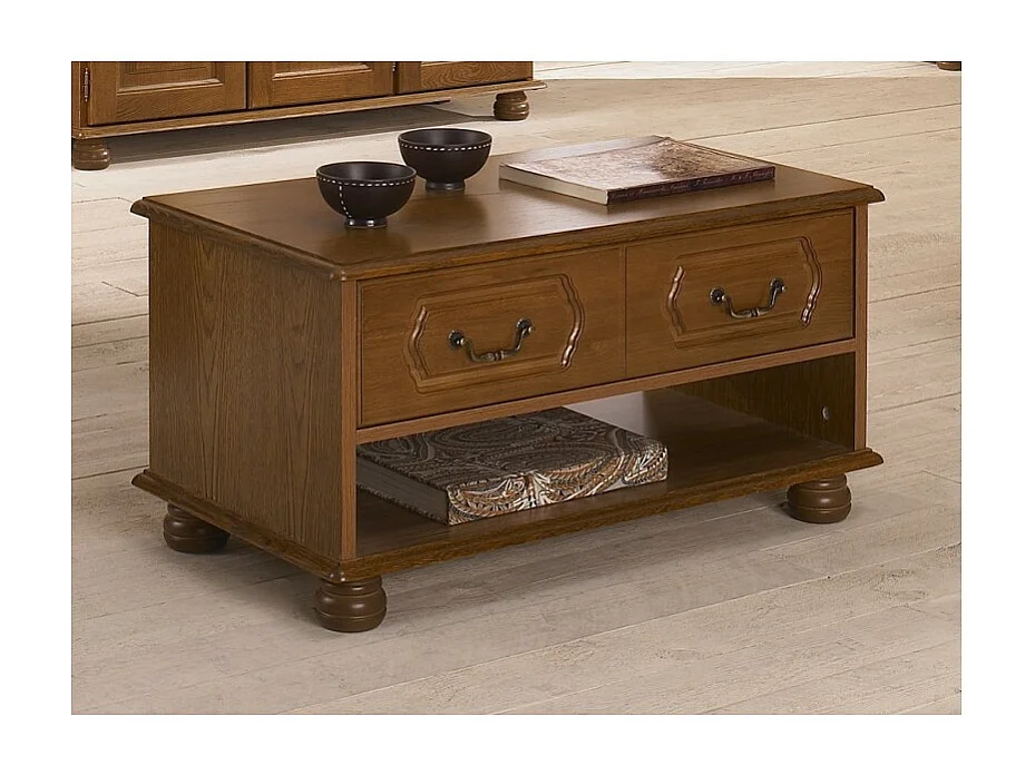 Table Basse Chêne Rustique Rectangle 2 Tiroirs 1 Niche L 82.4 H 42 P 46.5 cm