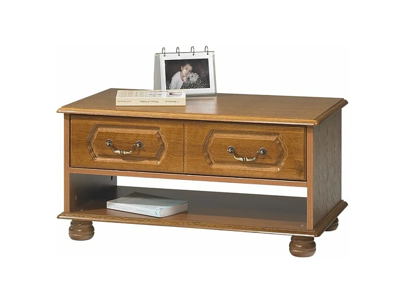 Table Basse Chêne Rustique Rectangle 2 Tiroirs 1 Niche L 82.4 H 42 P 46.5 cm