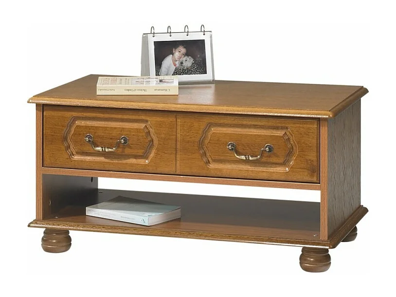 Table Basse Chêne Rustique Rectangle 2 Tiroirs 1 Niche L 82.4 H 42 P 46.5 cm