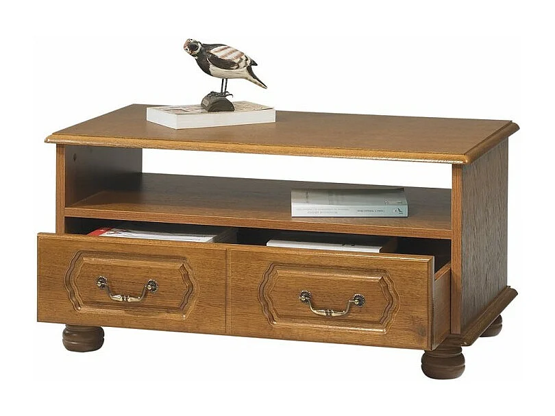Table Basse Chêne Rustique Rectangle 2 Tiroirs 1 Niche L 82.4 H 42 P 46.5 cm