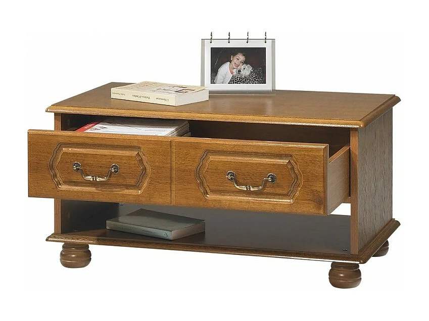 Table Basse Chêne Rustique Rectangle 2 Tiroirs 1 Niche L 82.4 H 42 P 46.5 cm