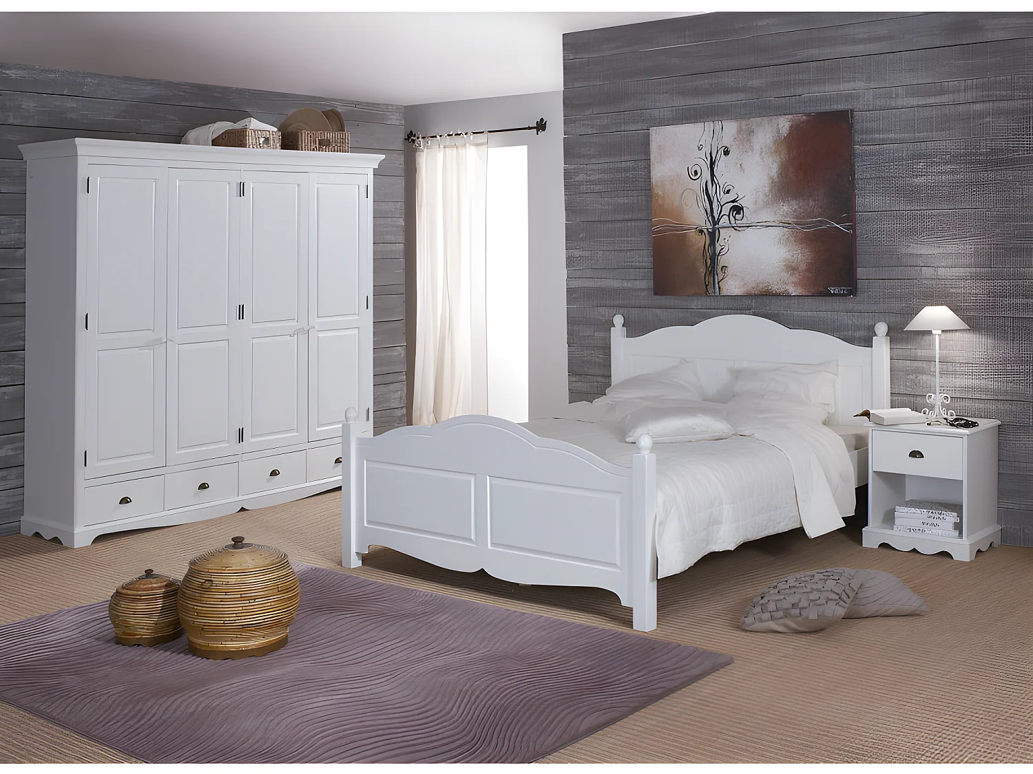 Chambre Complète Blanche Style Anglais Lit 140 cm Armoire et Chevet