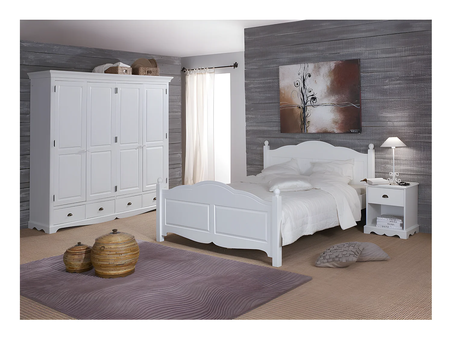 Chambre Complète Blanche Style Anglais Lit 140 cm Armoire et Chevet
