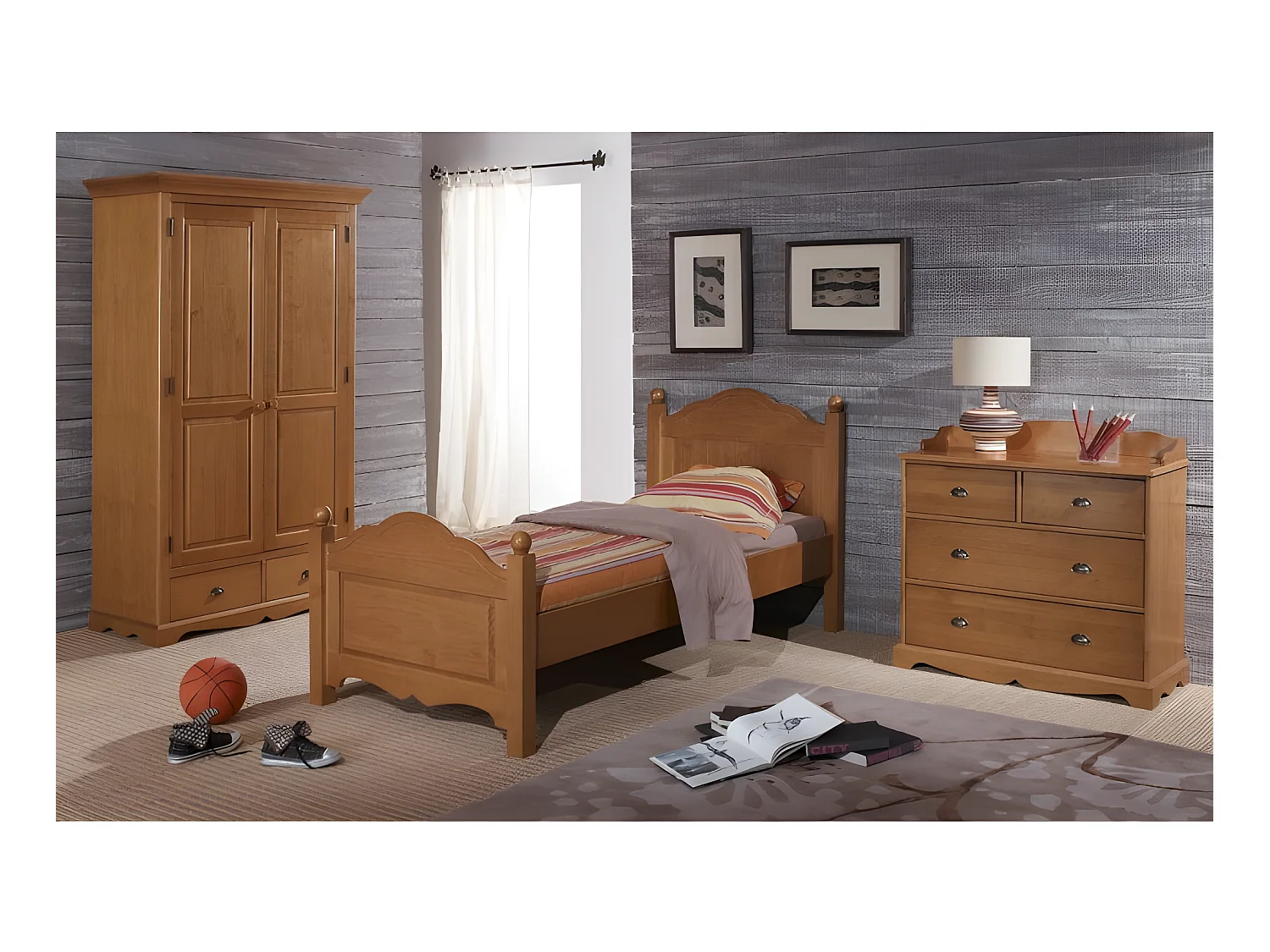 Chambre Enfant Pin Miel Lit 90 + Armoire + Commode