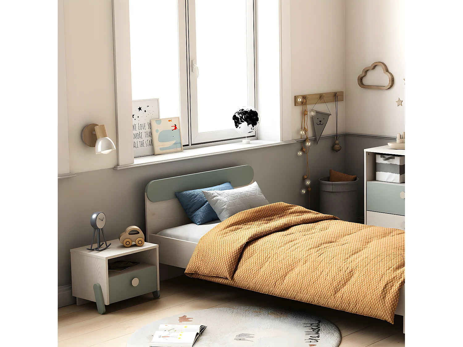 Nachttisch Skandinavisch 1 Schublade 1 Nische L39 cm, Holz und Grün - Ilian