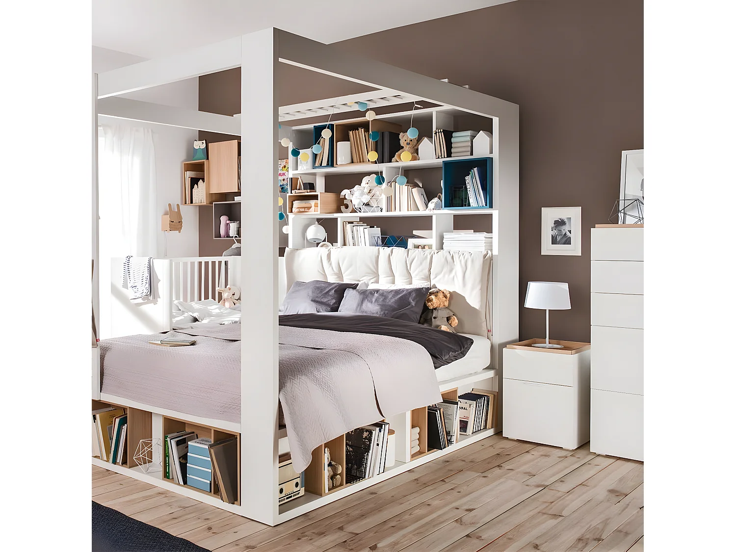 Nachtkastje 2 laden wit en houten blad - 4you