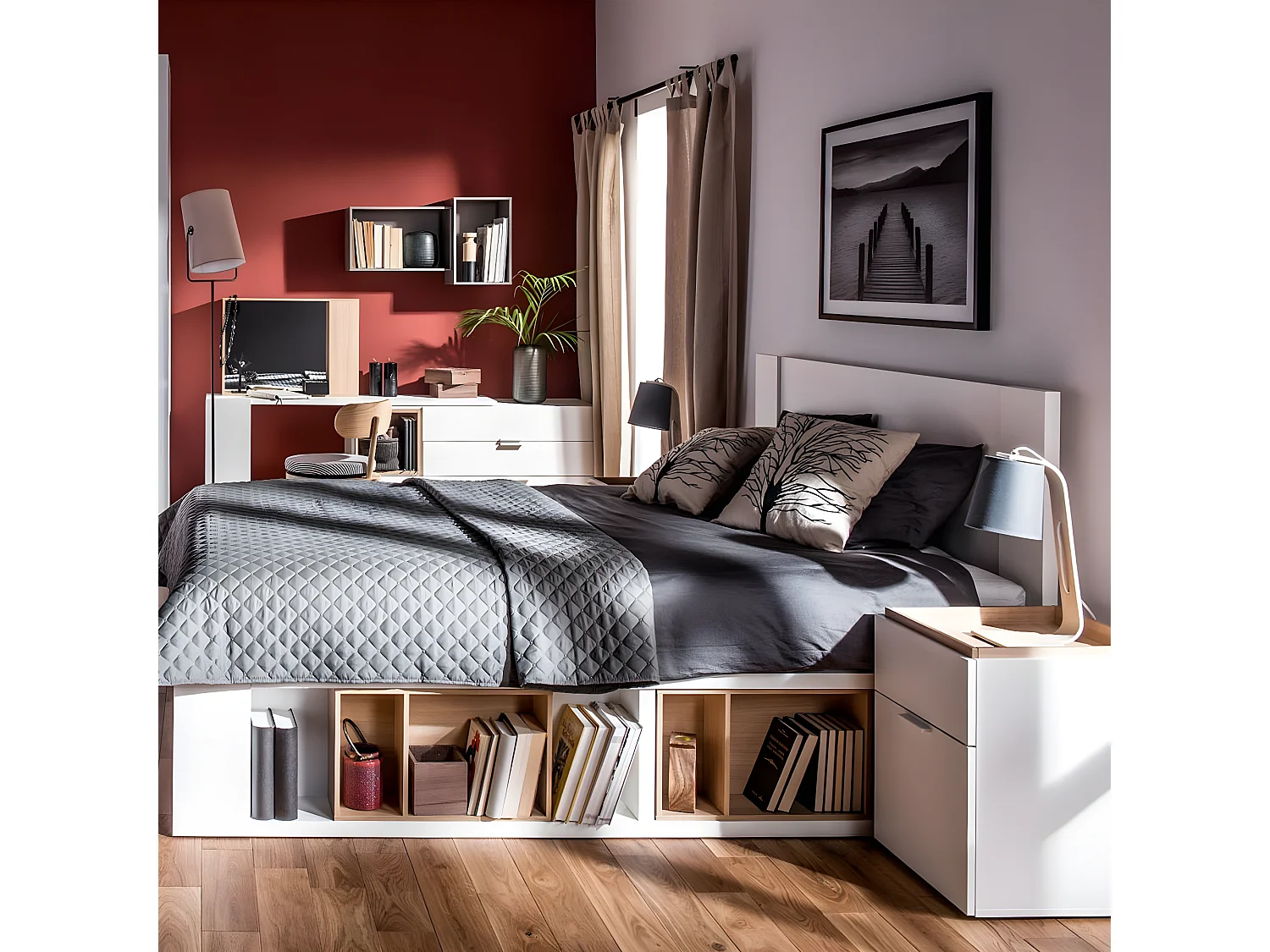 Nachttisch mit 2 weißen Schubladen und Holzplatte - 4you