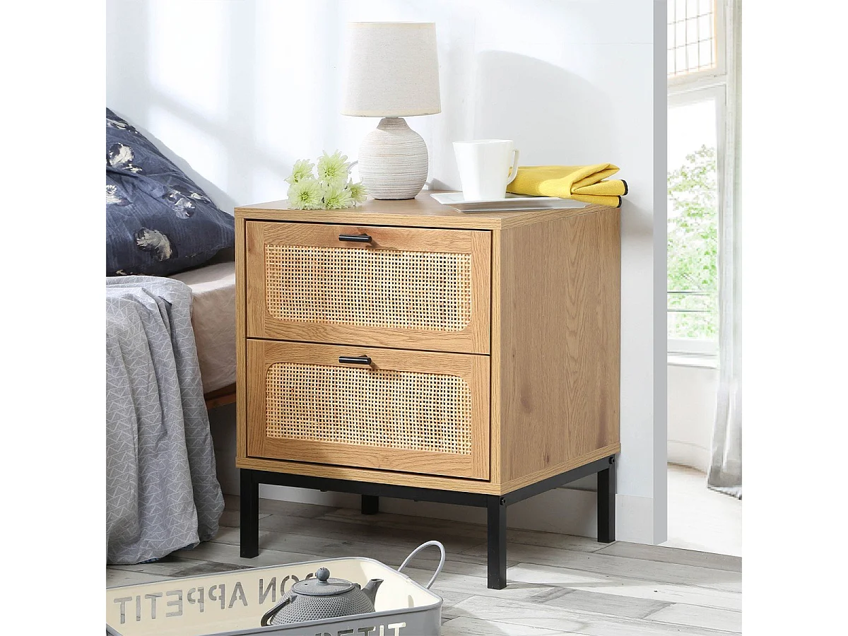 Nachttisch in Eiche Dekor mit 2 Schubladen aus Rattan H51cm - JAYA
