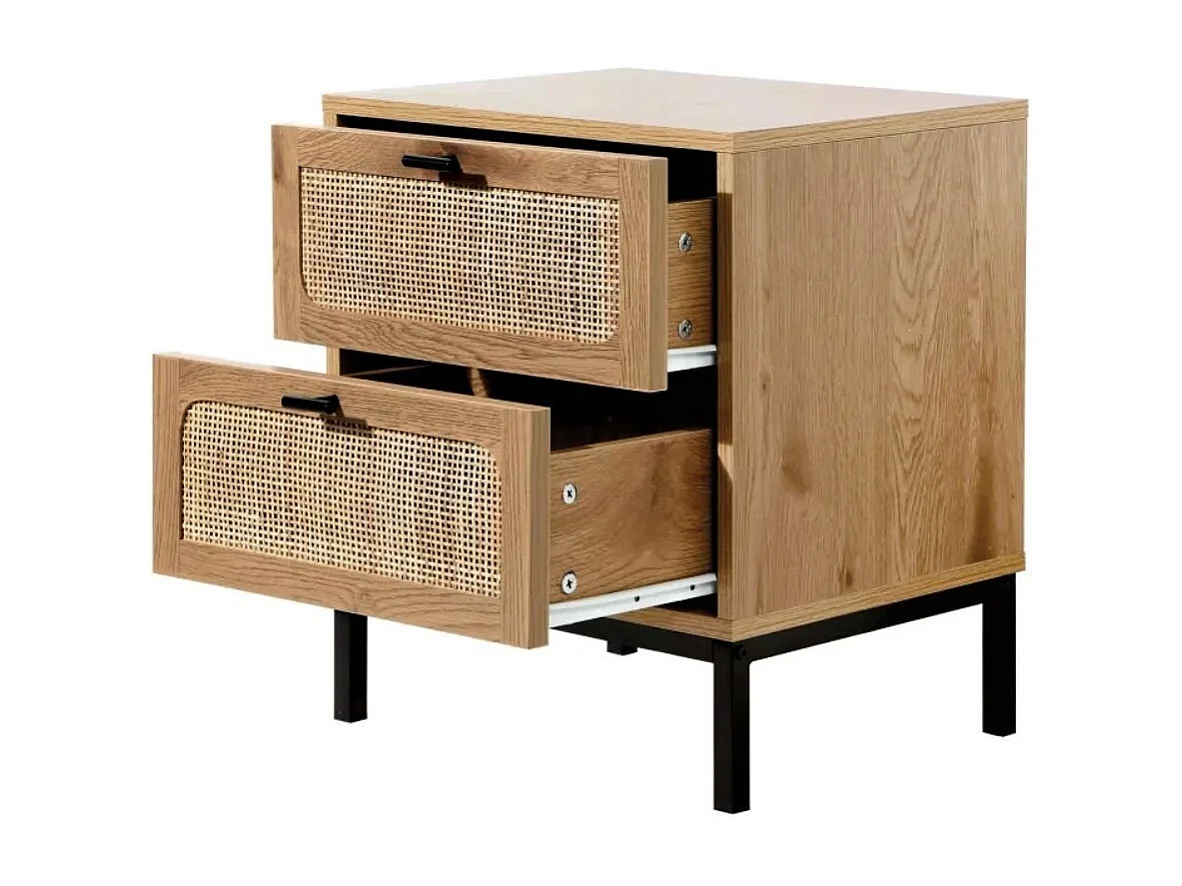 Nachttisch in Eiche Dekor mit 2 Schubladen aus Rattan H51cm - JAYA