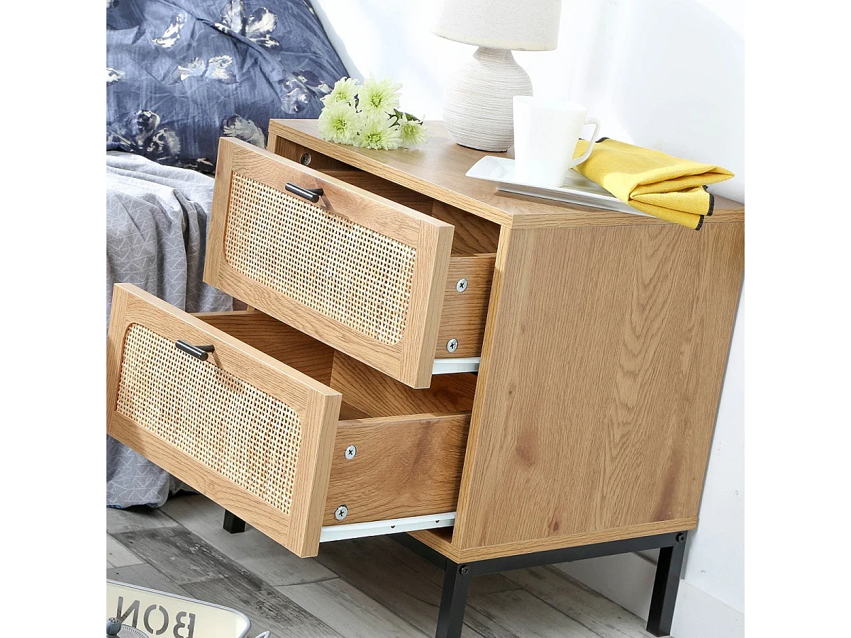 Comodino a 2 Cassetti con Impagliatura in Rattan H51 cm - JAYA