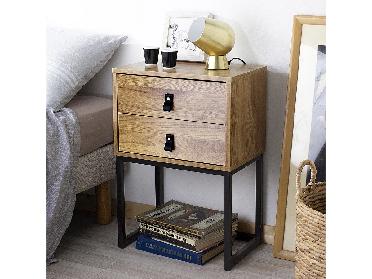 Nachtkastje met 2 lades en metalen poten met eikeneffect