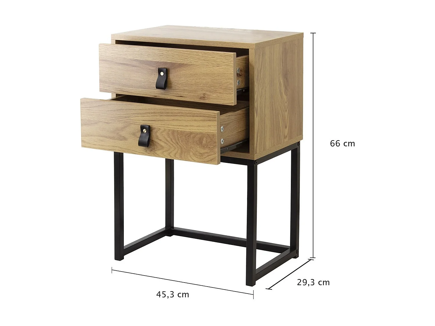 Nachtkastje met 2 lades en metalen poten met eikeneffect