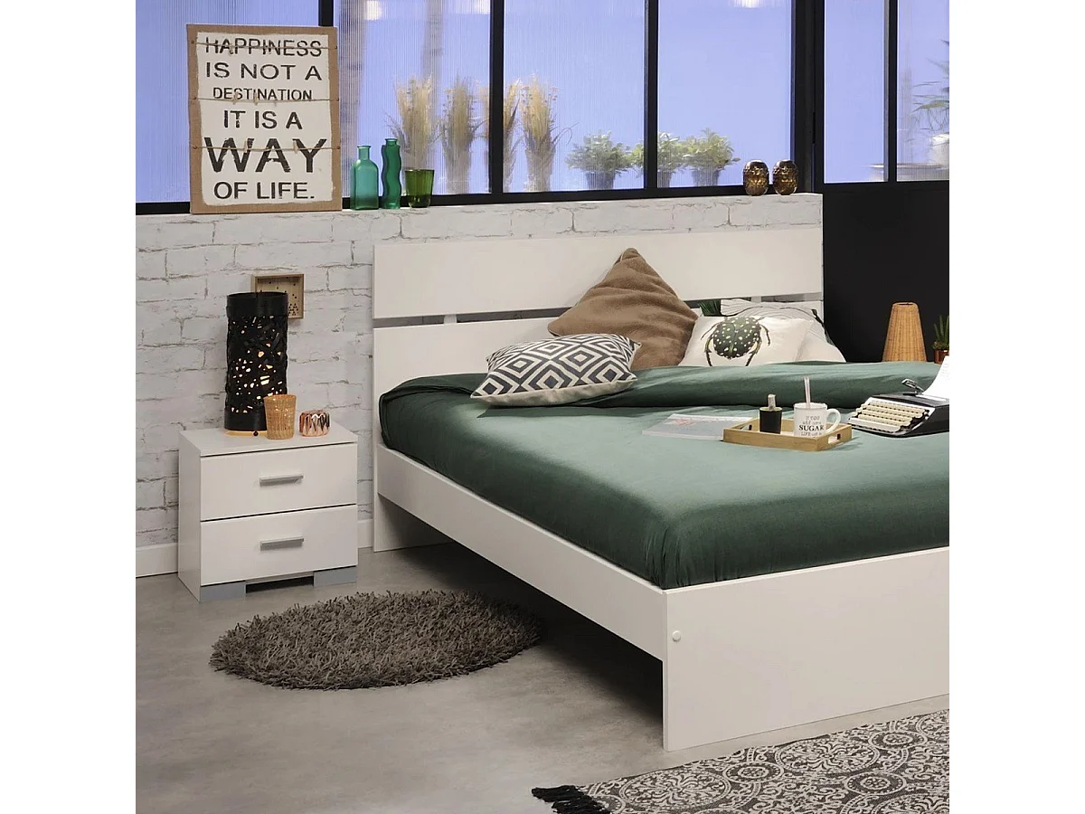 Wit nachtkastje met 2 laden en mat verchroomde handgrepen - L39,5 cm