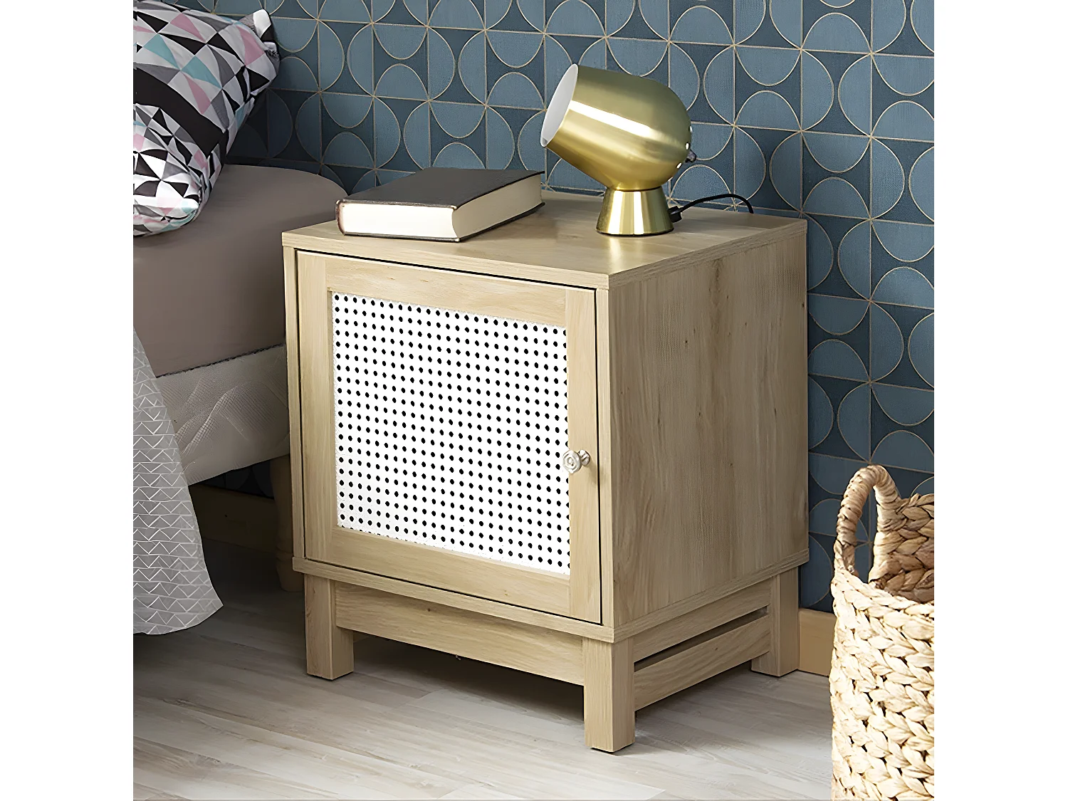 Table de chevet 1 porte façade rotin