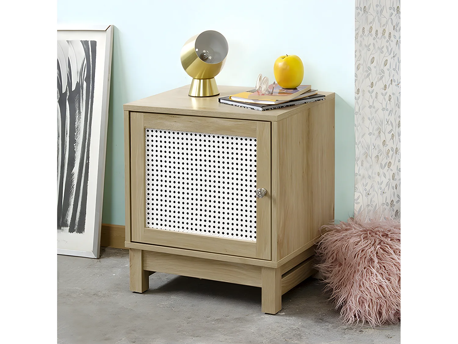 Table de chevet 1 porte façade rotin