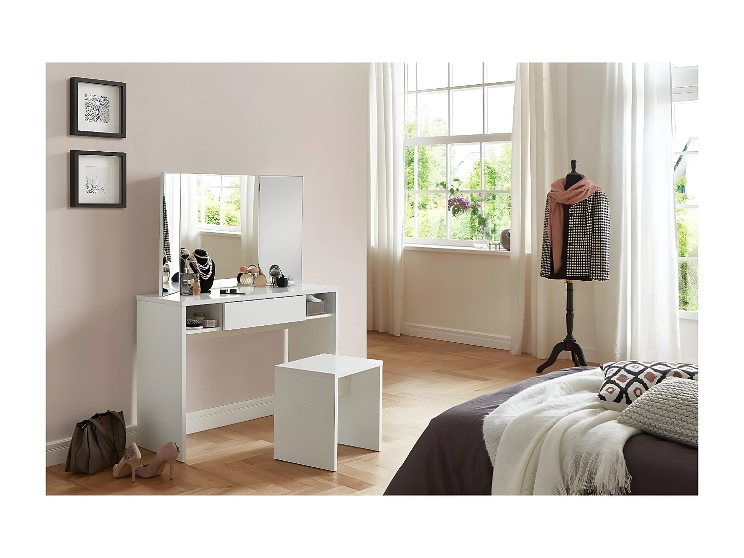 Coiffeuse 1 Tiroir 2 Niches avec Miroir - Schminki