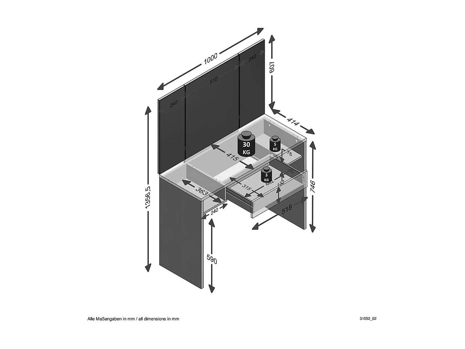 Coiffeuse 1 Tiroir 2 Niches avec Miroir - Schminki