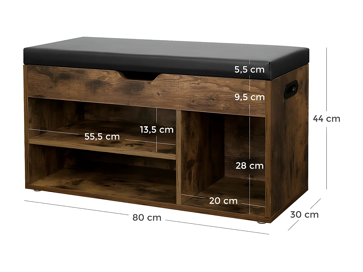 Banc à Chaussures 3 compartiments et 1 Coffre - L80 cm