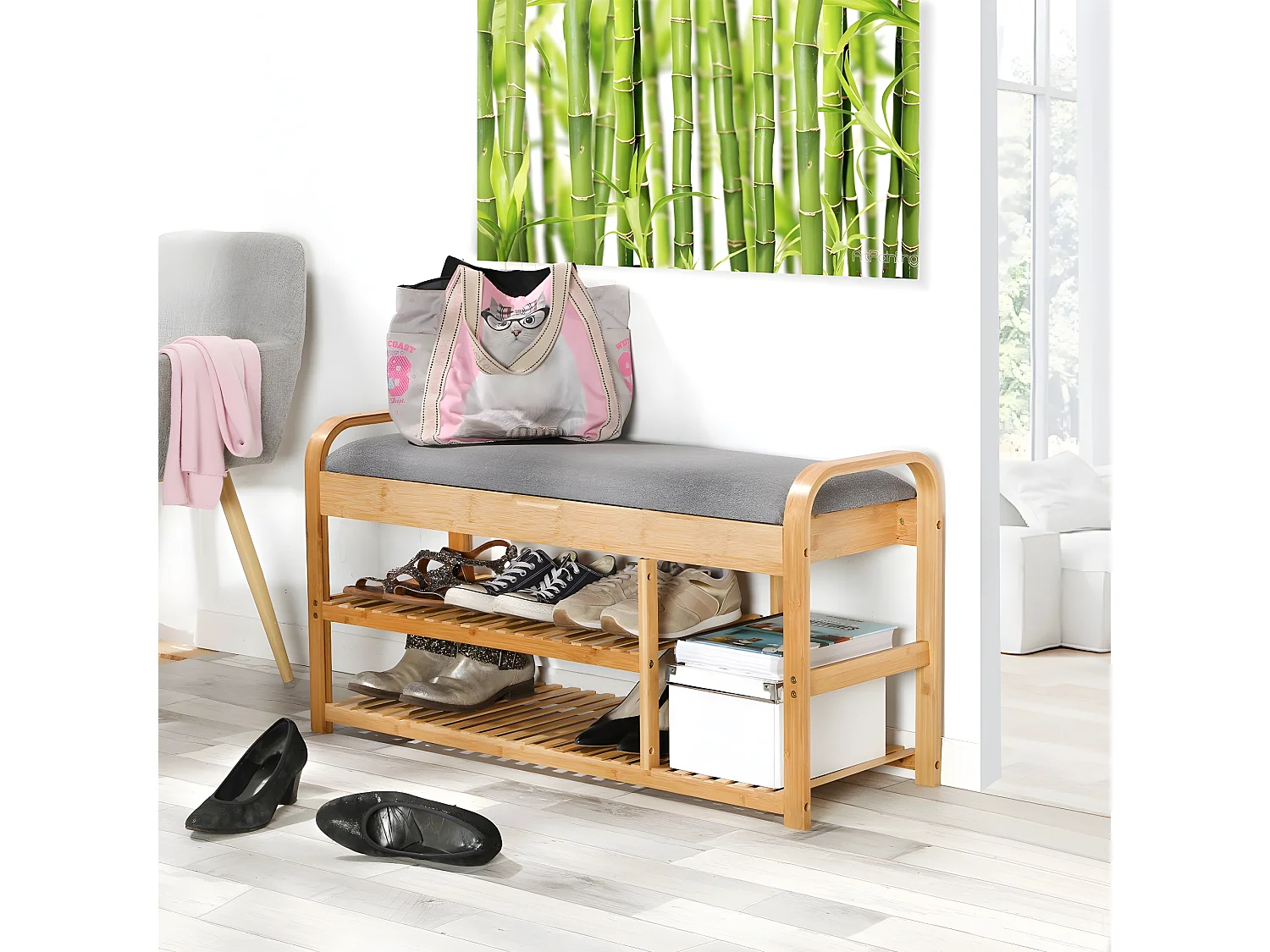 Bamboe Schoenbank met 2 planken L100 cm