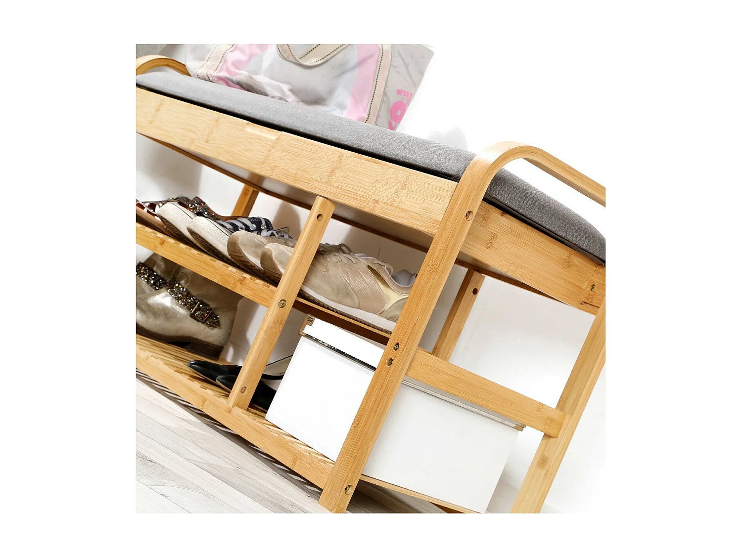 Banc à Chaussures en Bambou avec 2 Étagères L100 cm