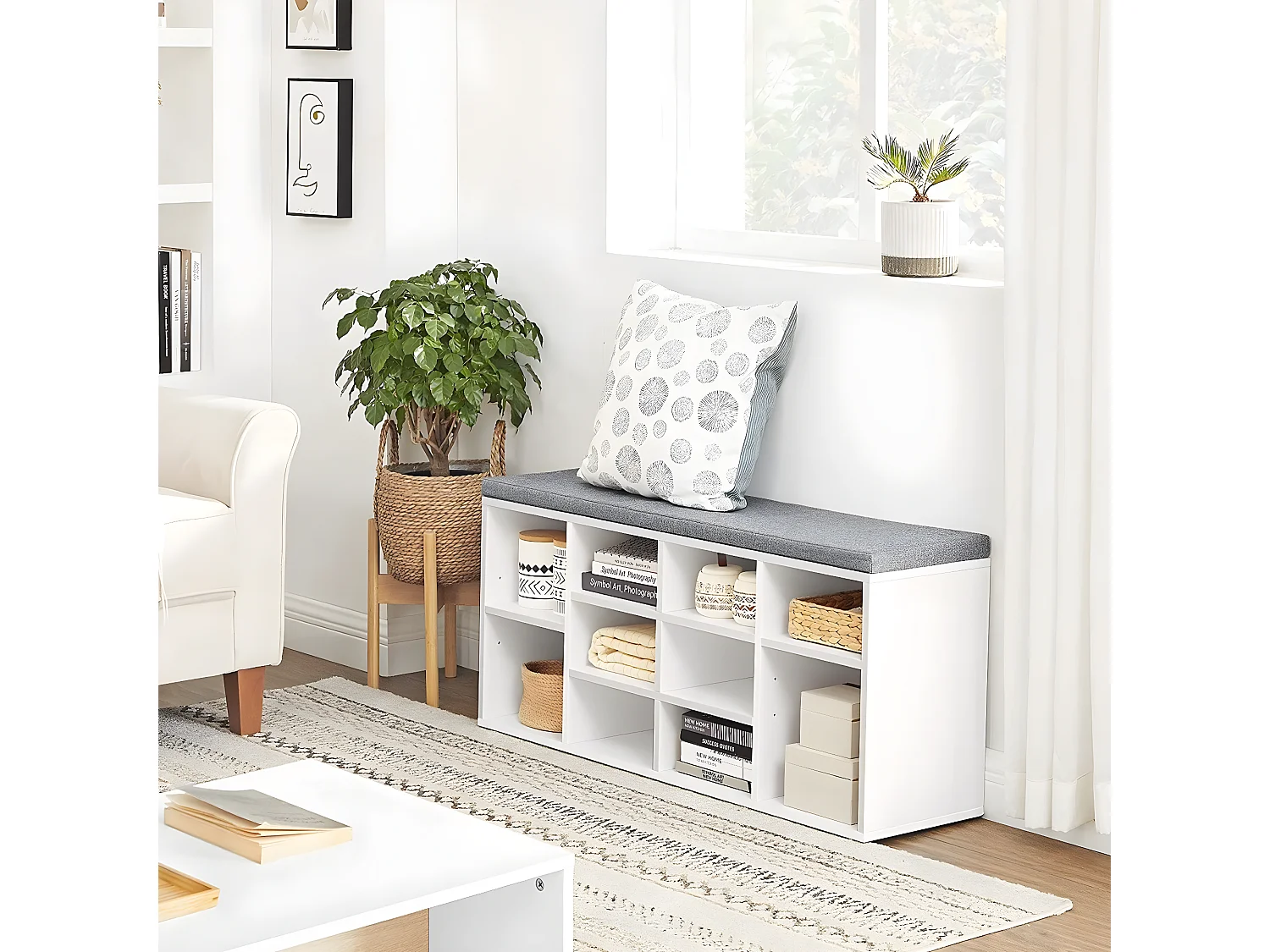 Banc à Chaussures Blanc avec Coussin d'Assise - L104 cm