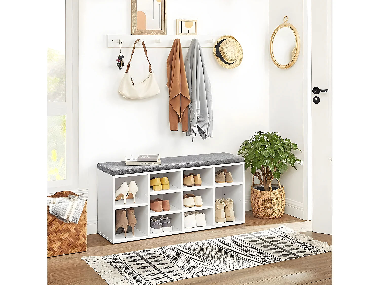 Banc à Chaussures Blanc avec Coussin d'Assise - L104 cm