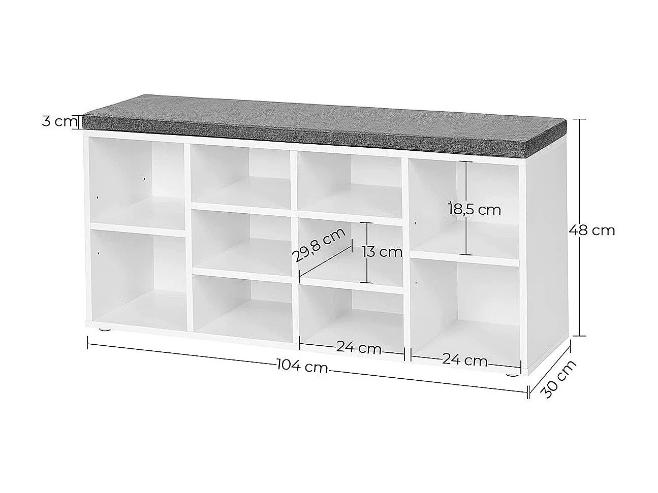 Weiße Schuhbank mit Sitzkissen - L104 cm