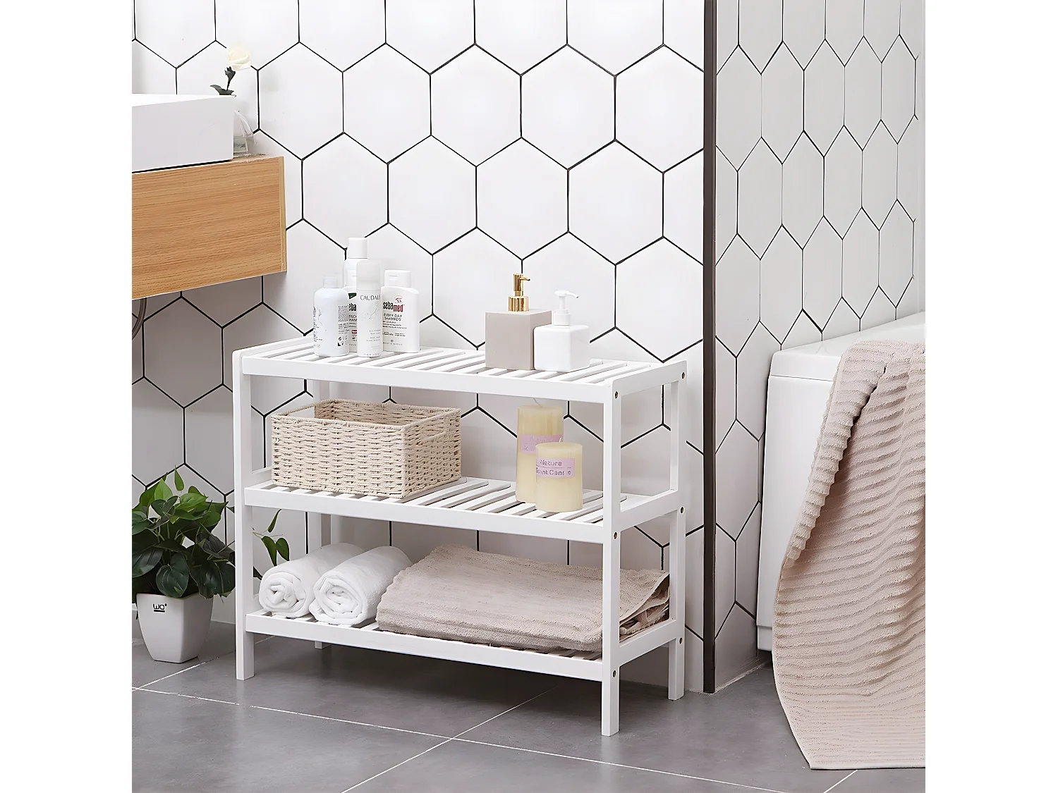 Étagère à Chaussures 3 Niveaux en Bambou Blanc - L70 cm