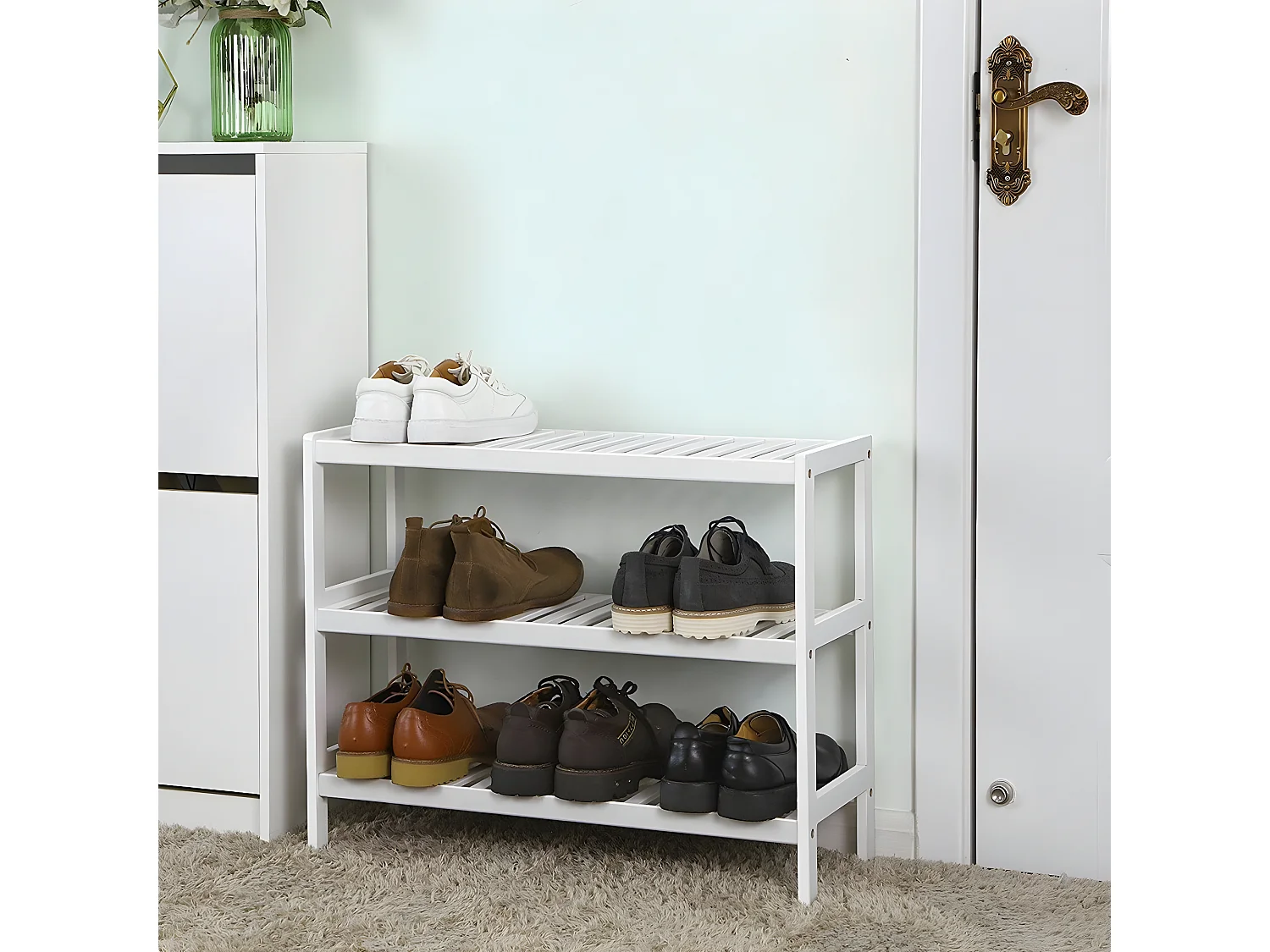 Étagère à Chaussures 3 Niveaux en Bambou Blanc - L70 cm