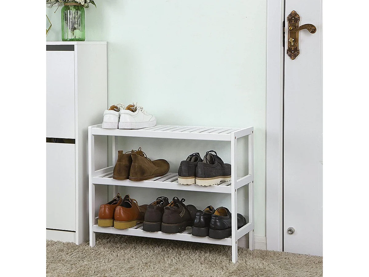 Étagère à Chaussures 3 Niveaux en Bambou Blanc - L70 cm