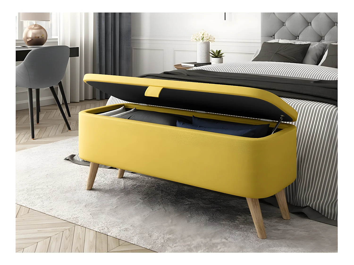 Bout de Lit avec Rangement en Tissu avec Pieds Bois - L101cm