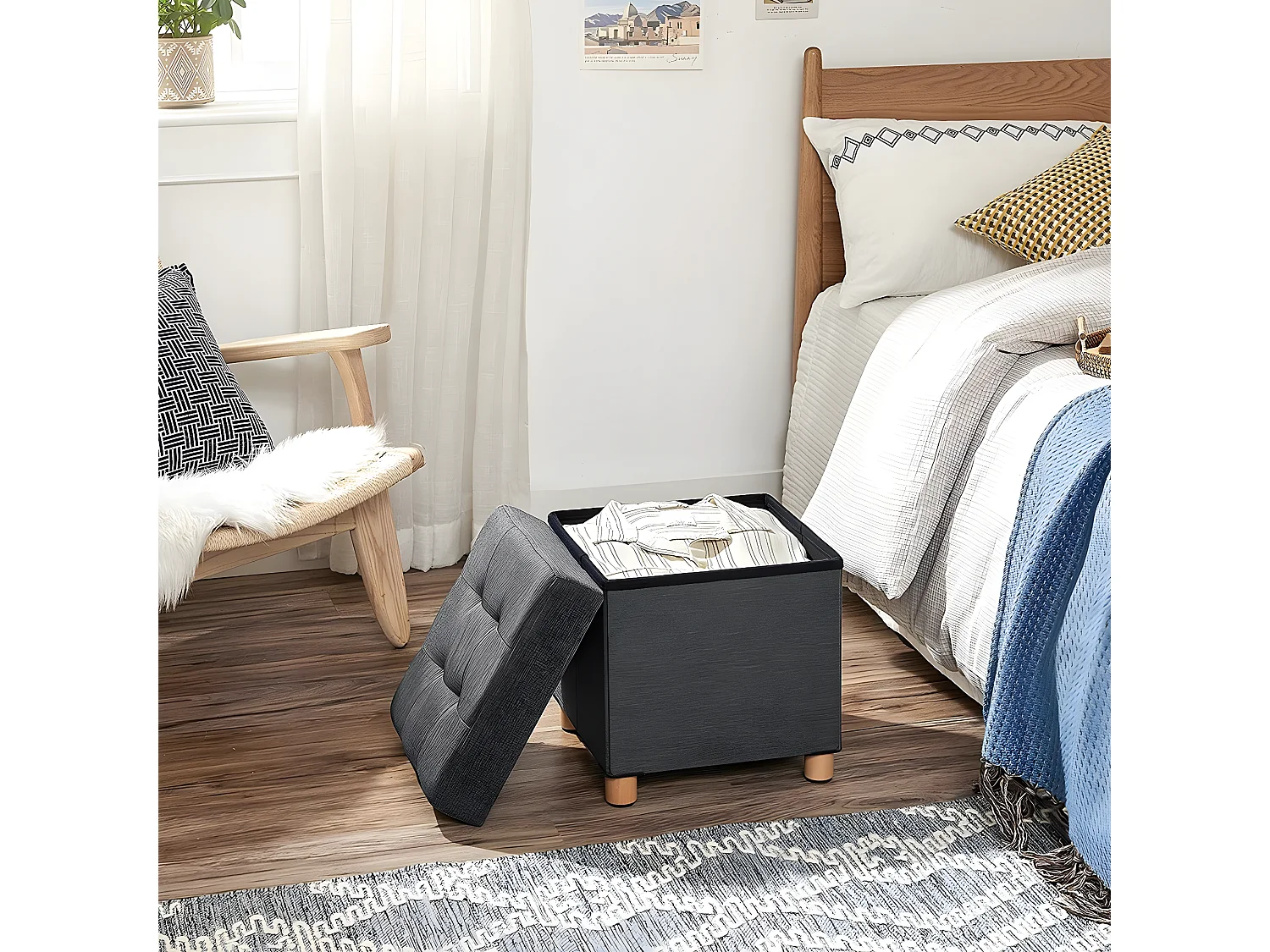 Tabouret de Rangement sur Pieds, Pliable L38 cm - Gris