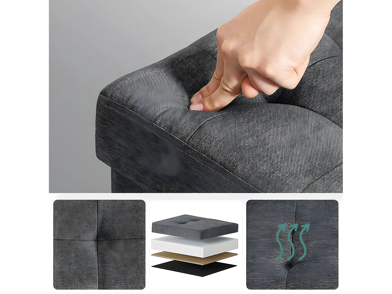 Tabouret de Rangement sur Pieds, Pliable L38 cm - Gris