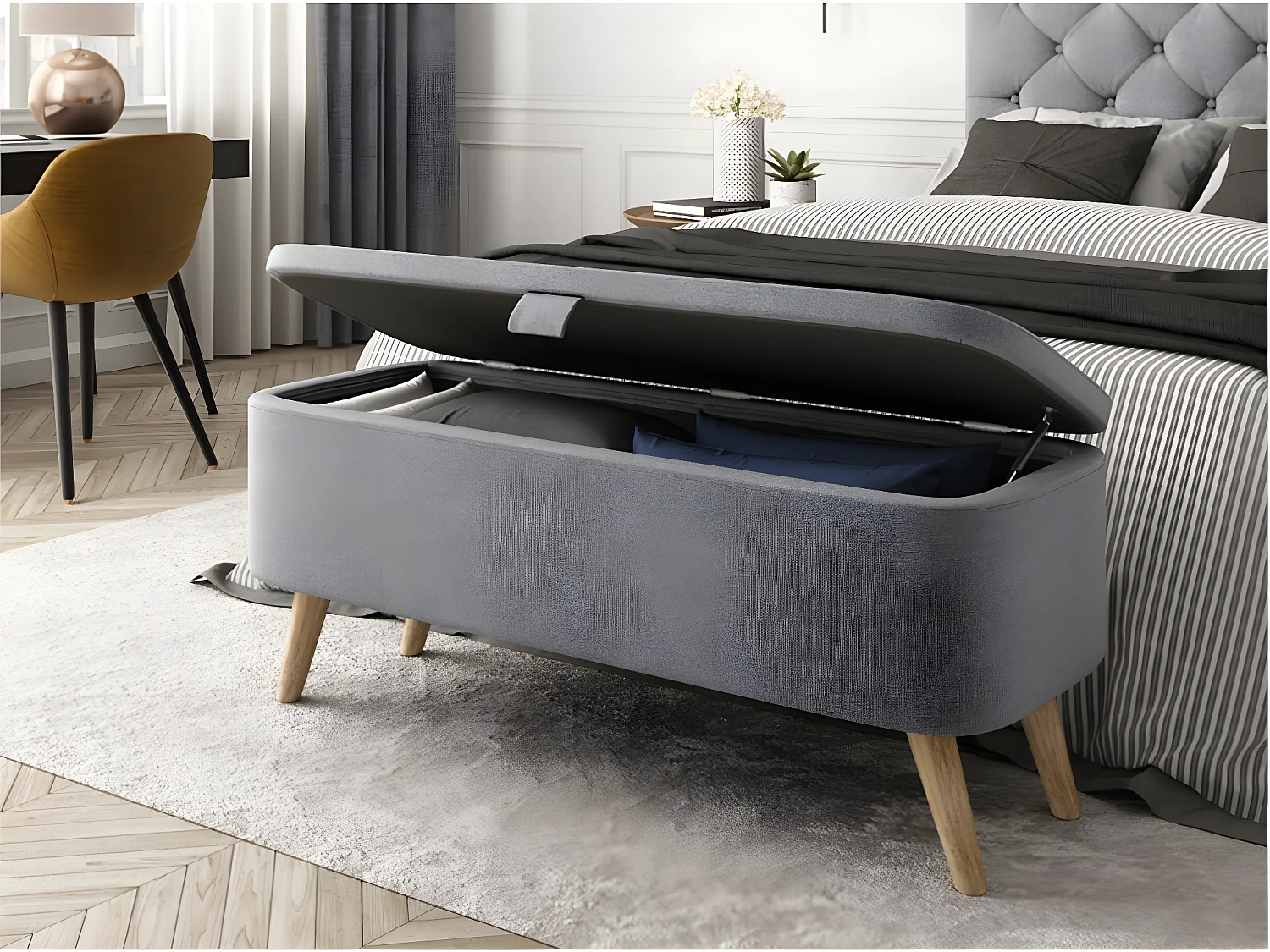 Bout de Lit avec Rangement en Tissu avec Pieds Bois - L101cm