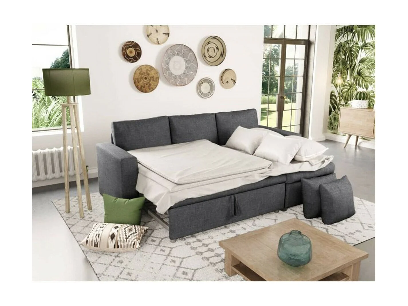 Canapé d'angle 3 Places Maria Réversible et Convertible avec Coffre en tissu - Gris anthracite - L227 x P146 x H81cm - Loungitude