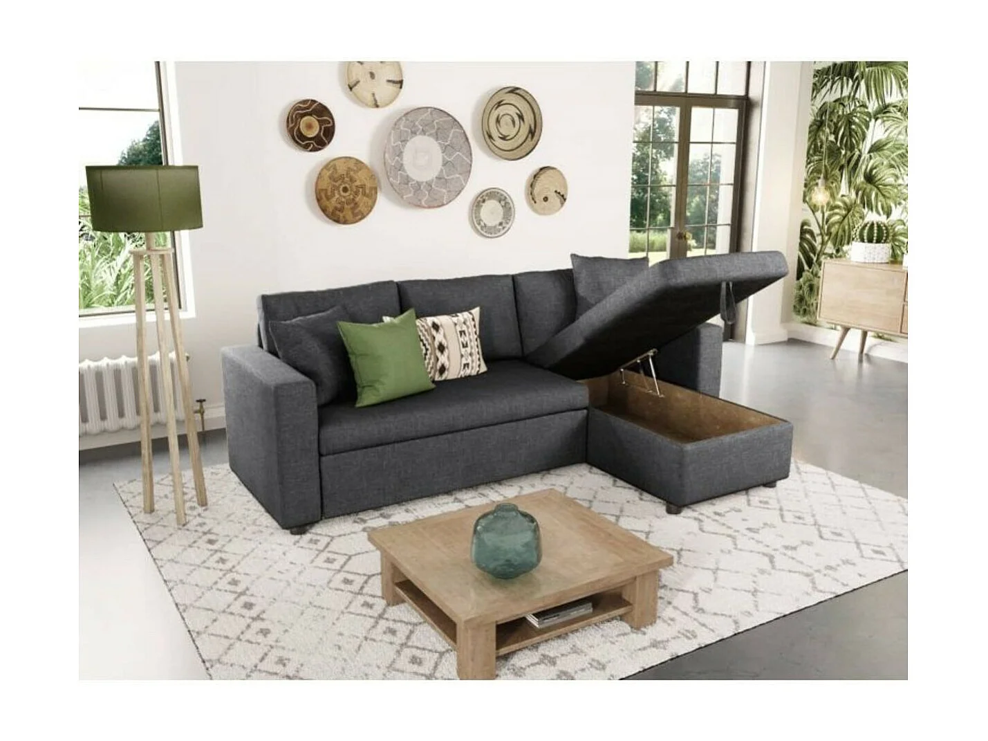 Canapé d'angle 3 places Maria Réversible et convertible avec Coffre en tissu - Gris anthracite - L227 x P146 x H81cm - Loungitude