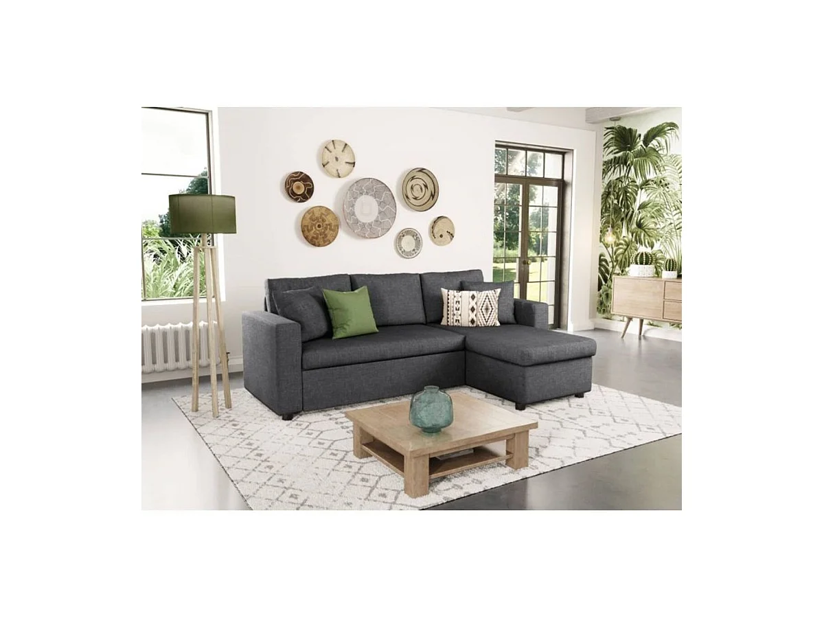 Canapé d'angle 3 places Maria Réversible et convertible avec Coffre en tissu - Gris anthracite - L227 x P146 x H81cm - Loungitude