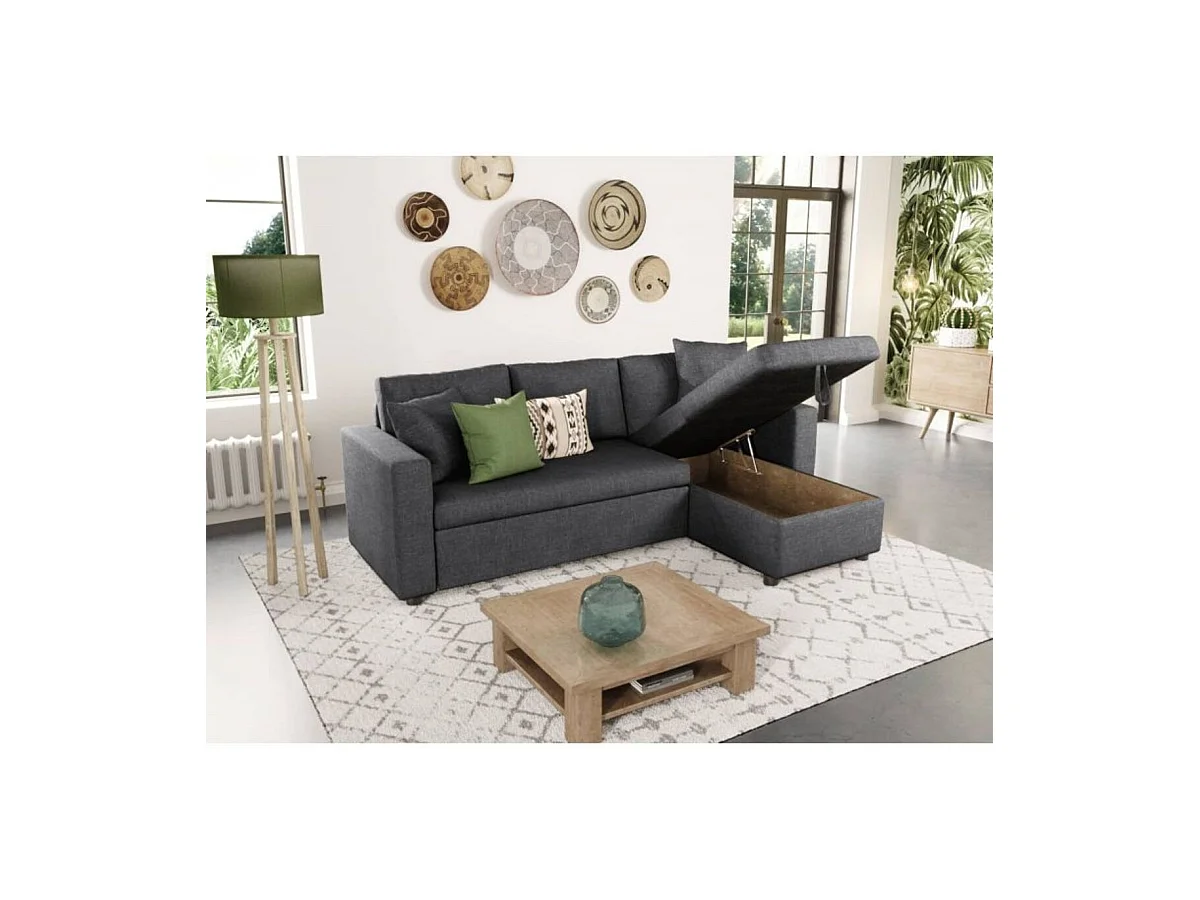 Canapé d'angle 3 places Maria Réversible et convertible avec Coffre en tissu - Gris anthracite - L227 x P146 x H81cm - Loungitude