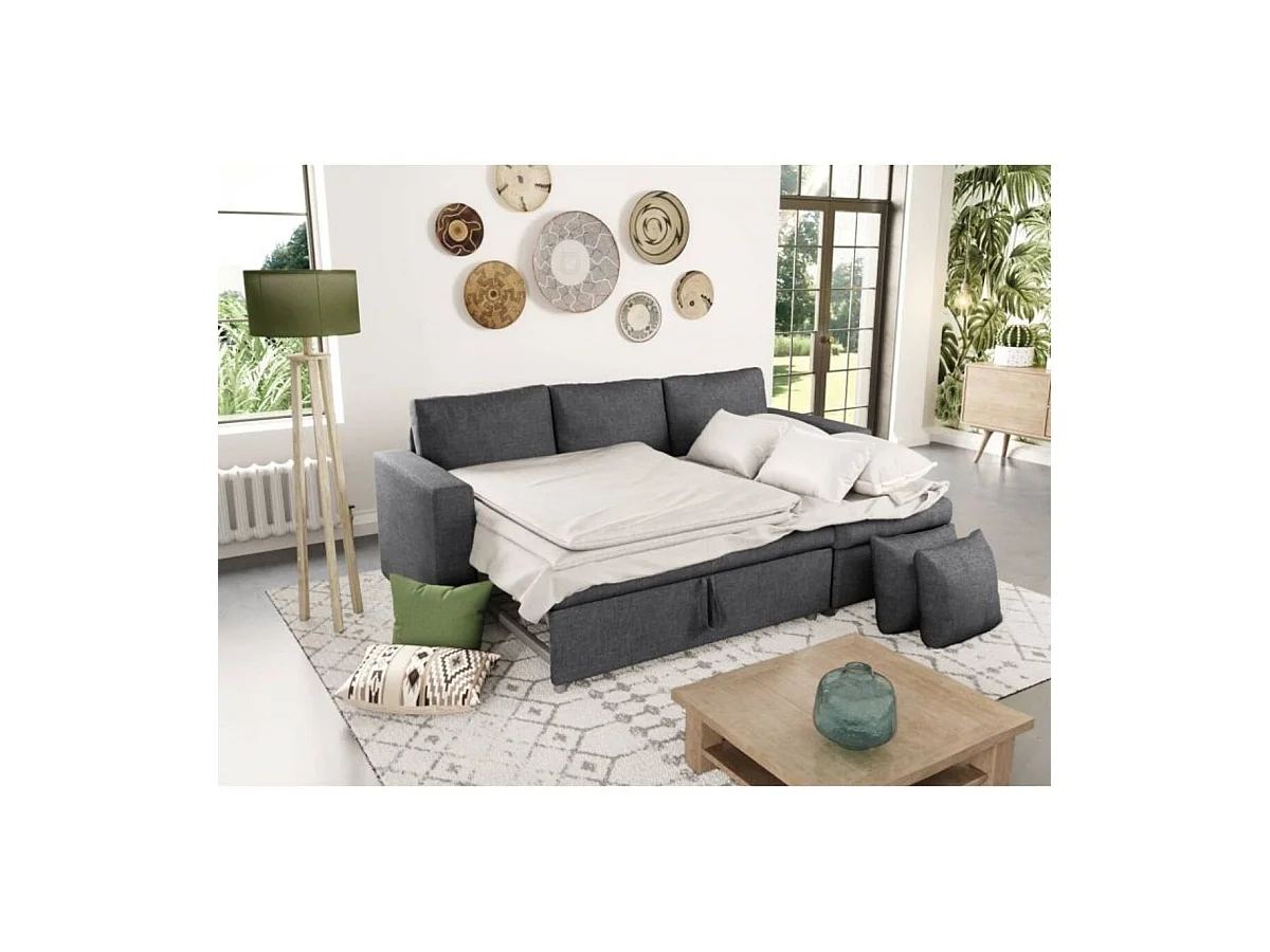 Canapé d'angle 3 places Maria Réversible et convertible avec Coffre en tissu - Gris anthracite - L227 x P146 x H81cm - Loungitude