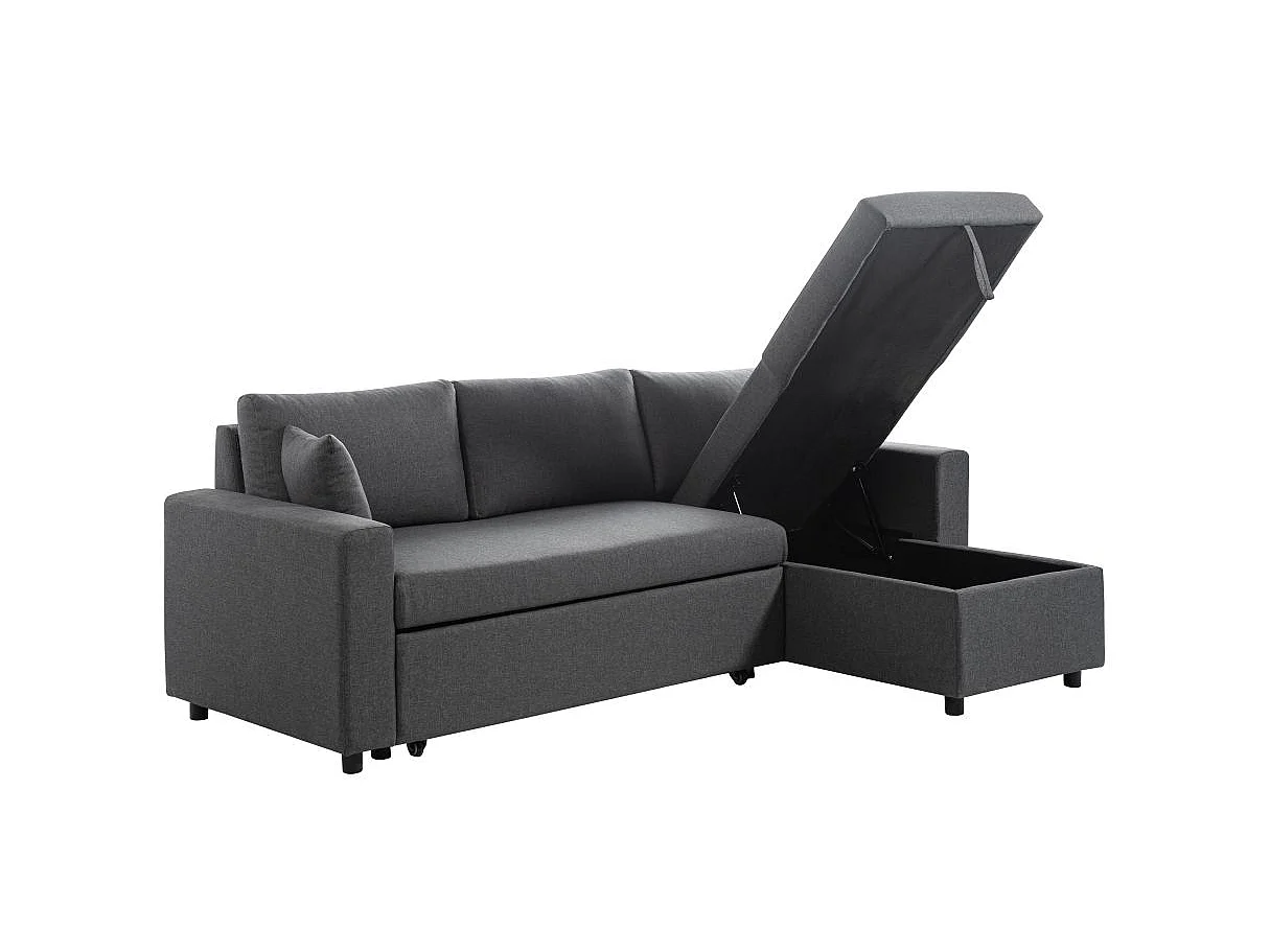 Canapé d'angle 3 places Maria Réversible et convertible avec Coffre en tissu - Gris anthracite - L227 x P146 x H81cm - Loungitude