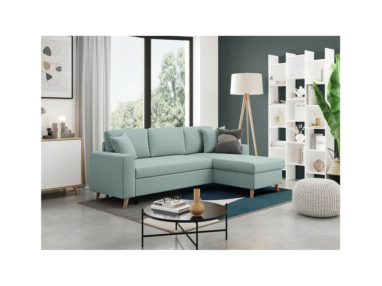 Canapé d'Angle Scandinave Réversible Convertible avec Coffre en Tissu